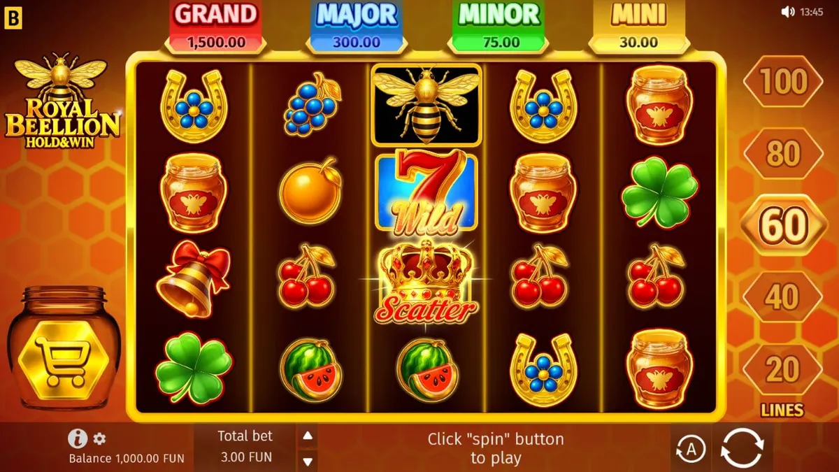 Tampilan visual slot Royal Beellion Hold & Win dengan tema sarang lebah emas