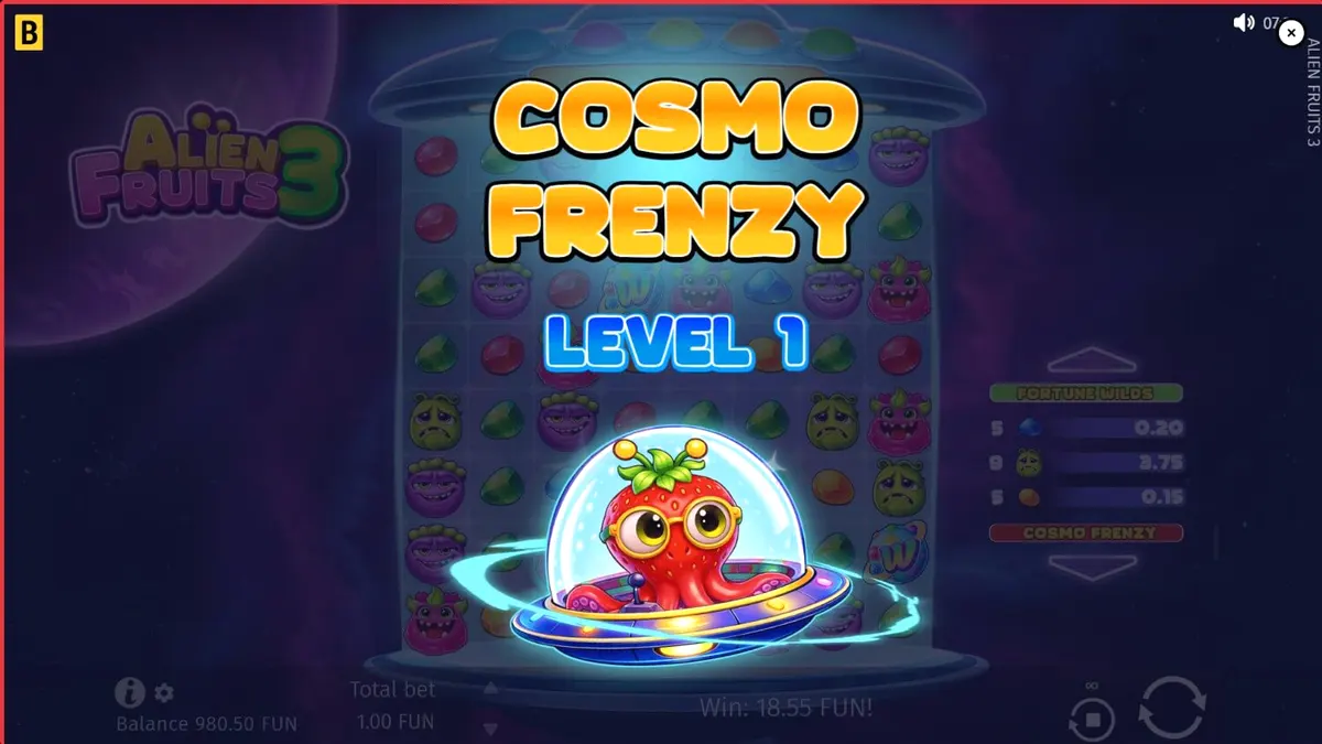 Tampilan visual slot Alien Fruits 3 dengan tema neon luar angkasa dan grid 8x8 yang cerah.