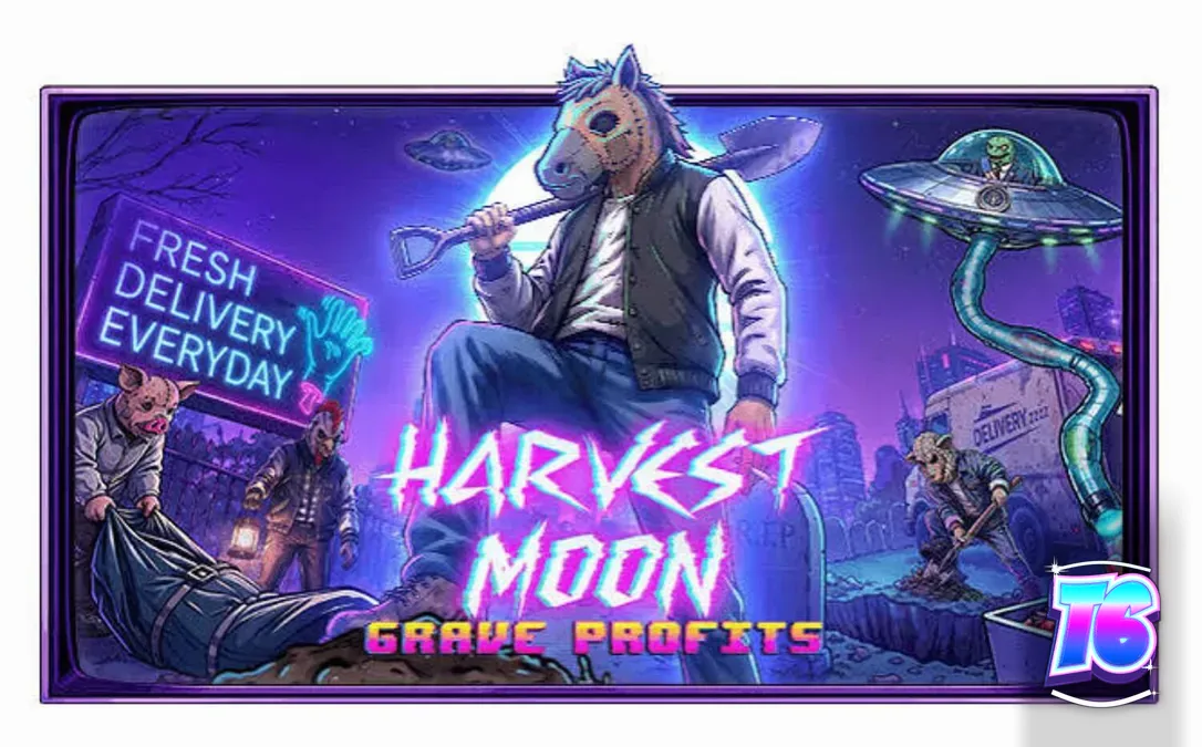 Harvest Moon Grave Profits slot game screen with dark sci-fi theme